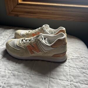 New Balance Cream and Tan Sneakers with Pink Accents
